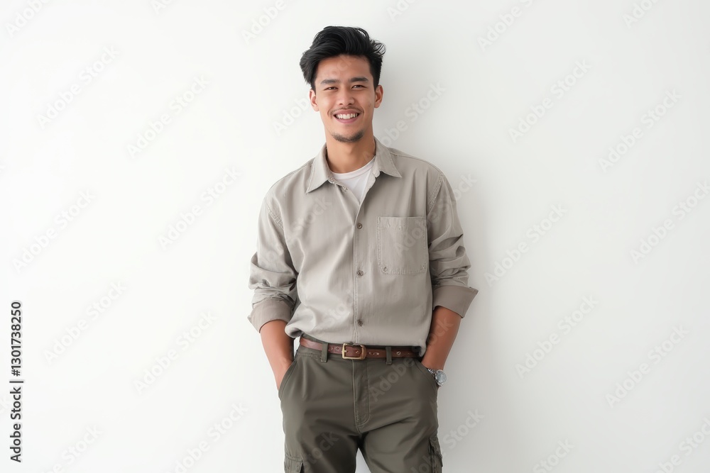 Half-Length (Waist-Up) portrait of young stylish smiling Cambodian male model in vintage wear isolated on pure white background looking at camera Half-Length (Waist-Up) portrait of young stylish smiling Cambodian male model in vintage wear isolated on pure white background looking at camera