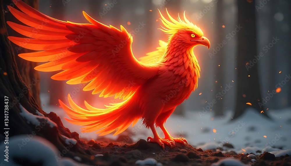 Fototapeta premium A vibrant red and orange mythical bird stands in a forest
