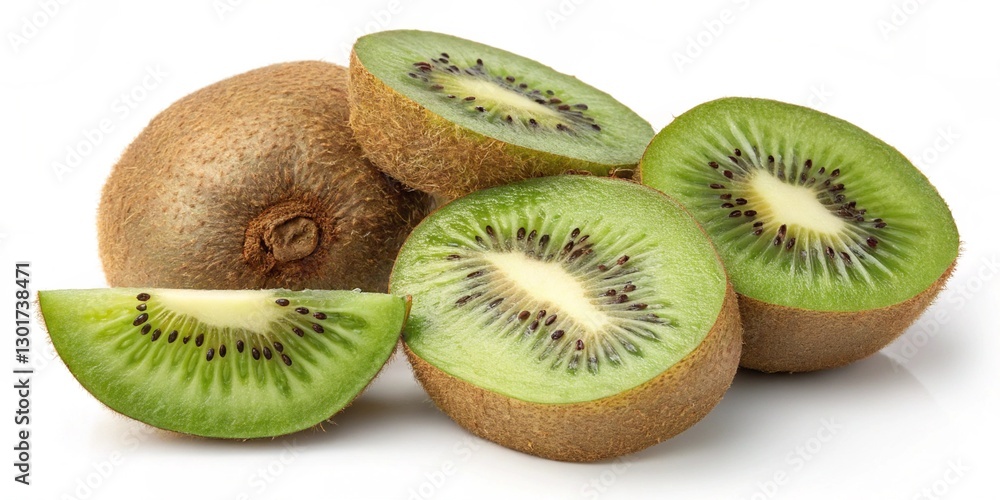 Fototapeta premium Group of whole kiwi fruits and kiwi slices, isolated on white background