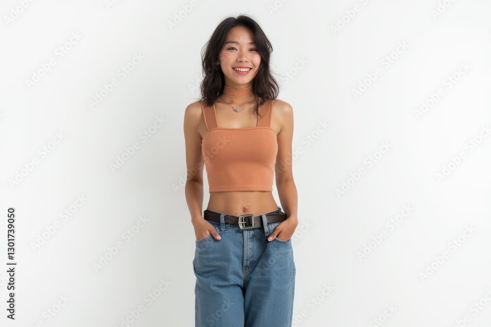 Half-Length (Waist-Up) portrait of young stylish smiling Cambodian female model in punk wear isolated on pure white background looking at camera Half-Length (Waist-Up) portrait of young stylish smiling Cambodian female model in punk wear isolated on pure white background looking at camera