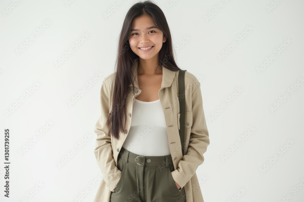 Half-Length (Waist-Up) portrait of young stylish smiling Cambodian female model in vintage wear isolated on pure white background looking at camera