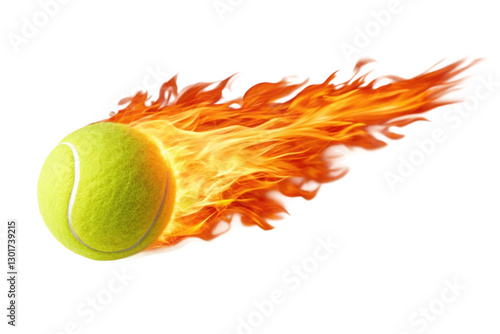 Tennis ball in motion with flames, showcasing speed and energy for dynamic sports design