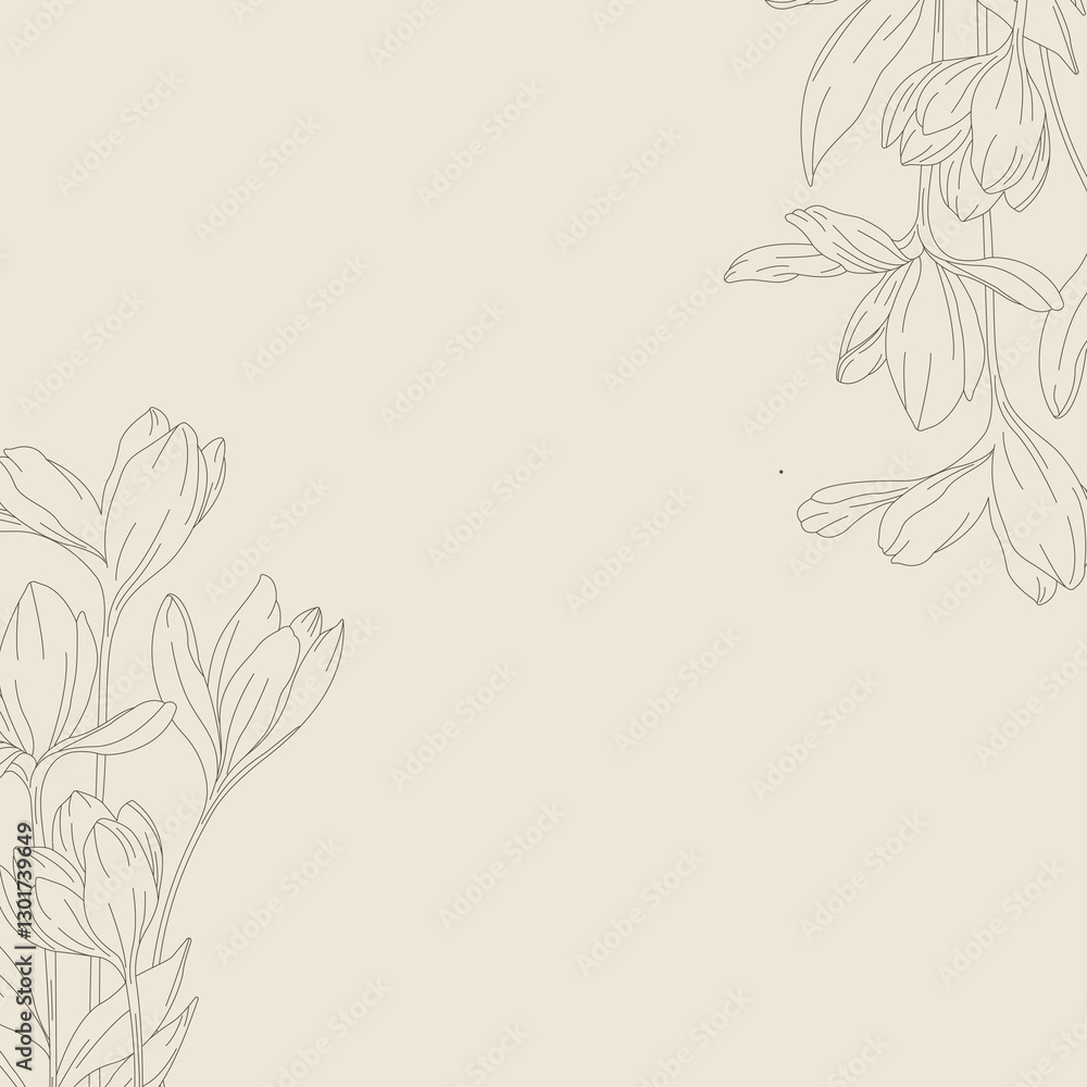 Fototapeta premium Minimalistic contour drawing of crocuses with an elegant floral frame. Delicate lines create a refined composition, perfect for invitations, backgrounds, and decorative designs.