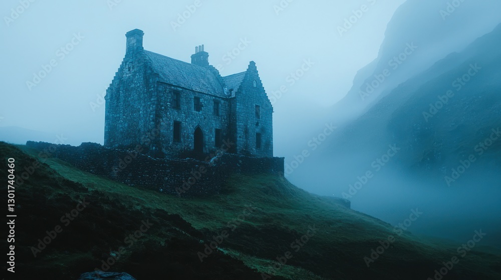 Obraz premium Foggy, abandoned stone house on a hillside.