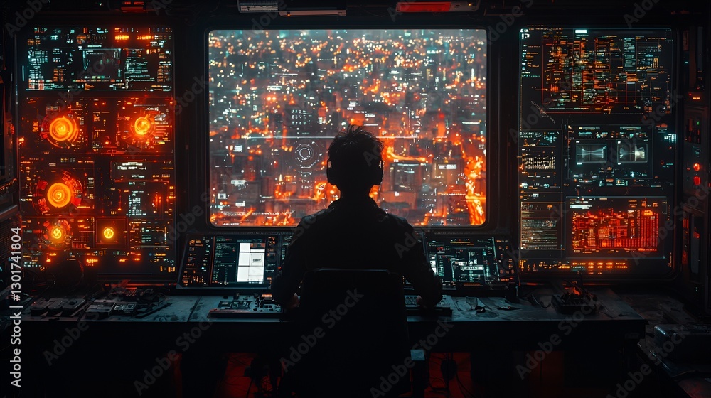 Futuristic control room overlooking burning city Futuristic control room overlooking burning city