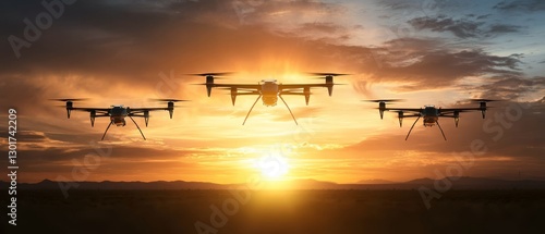 A breathtaking view reveals military drones expertly hovering in a precise formation above a remote desert base, beautifully silhouetted against a colorful sunset and a vibrant cloudscape overhead