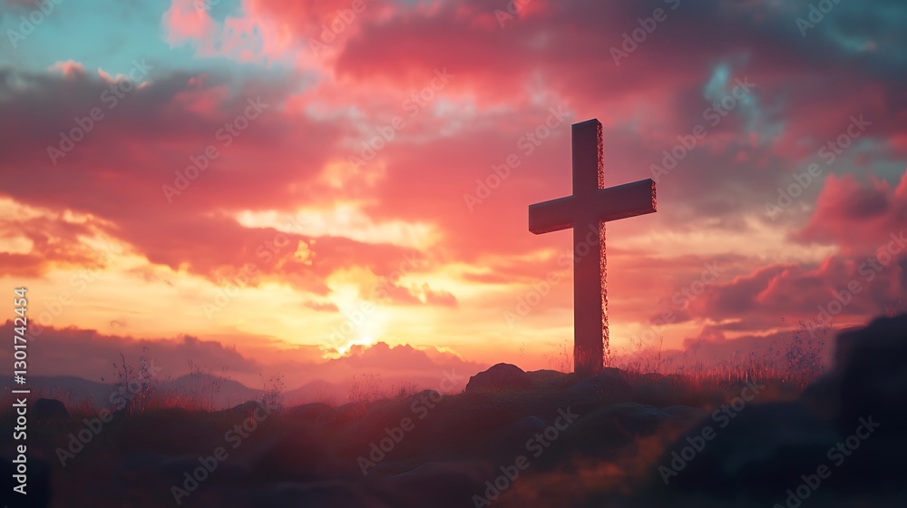 Sunset over cross with fiery orange and pink image Sunset over cross with fiery orange and pink image