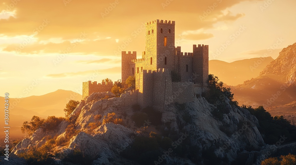 Fototapeta premium Majestic stone castle perched atop a hill at sunset.