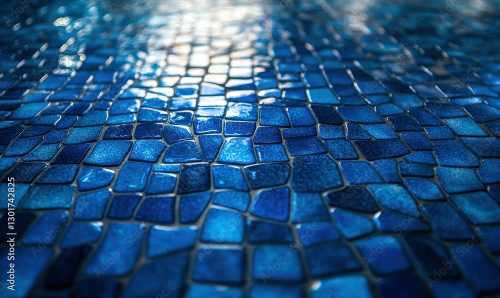 Naklejka premium Abstract blue mosaic tiles glowing under soft ambient lighting, creating a bold and modern design