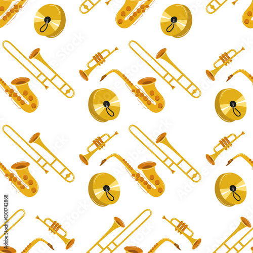 Musical instruments pattern featuring brass and woodwind instruments on white background