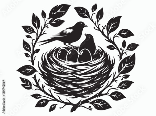 Wallpaper Mural Simple Black Silhouette of Birds with Nest and Eggs Torontodigital.ca