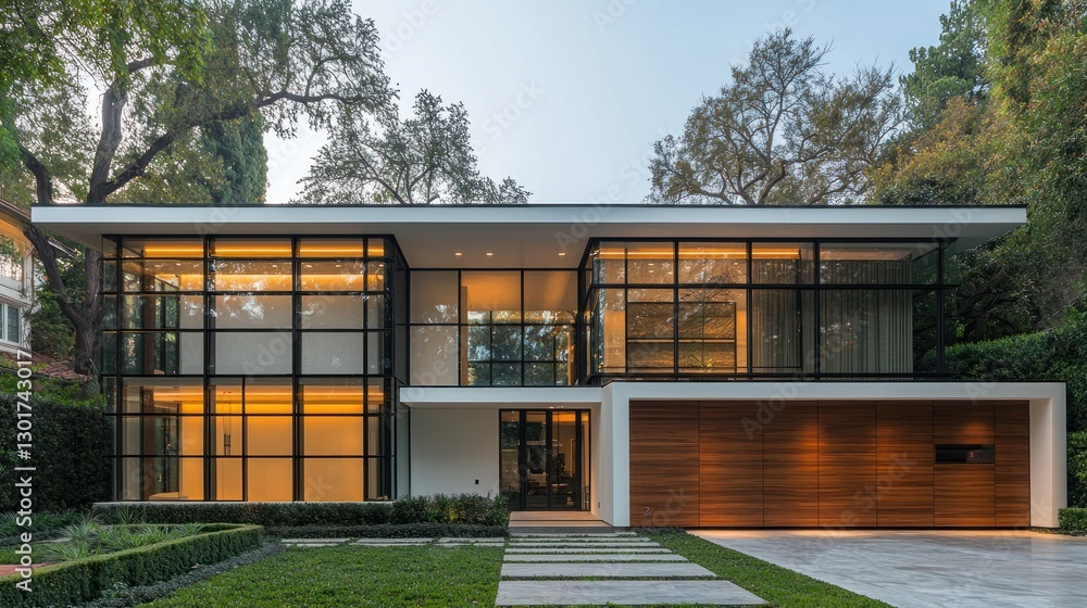 Modern house exterior with glass walls, landscaping, and driveway at dusk Modern house exterior with glass walls, landscaping, and driveway at dusk