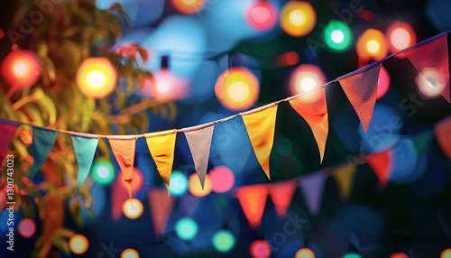 Bunte Dreiecksfähnchen nachts im Garten mit bunten Lichtern im Hintergrund