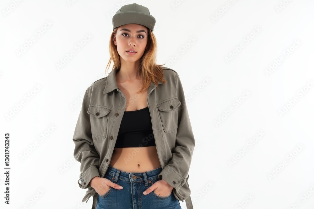 Half-Length (Waist-Up) portrait of young stylish smiling Canadian female model in punk wear isolated on pure white background looking at camera Half-Length (Waist-Up) portrait of young stylish smiling Canadian female model in punk wear isolated on pure white background looking at camera