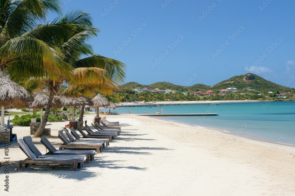 Tropical beach chairs, palm trees, clear ocean, island view. Vacation travel poster Tropical beach chairs, palm trees, clear ocean, island view. Vacation travel poster