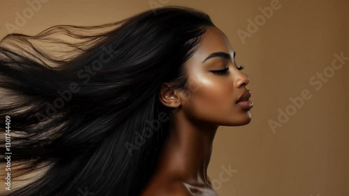 Beautiful black woman with long flowing hair against a warm neutral background, concept of beauty and hair care
