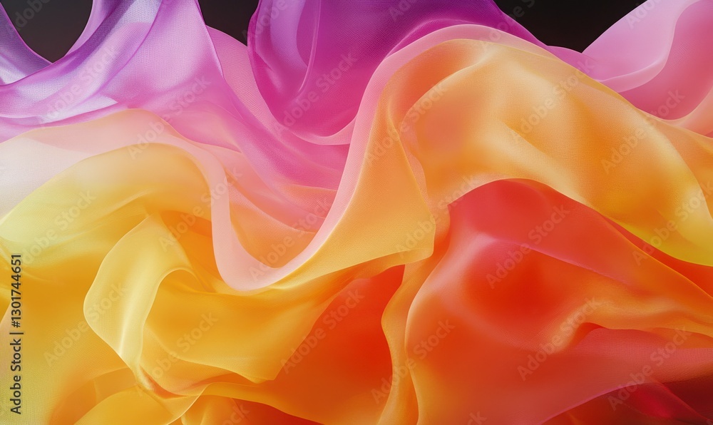Obraz premium Abstract wave patterns in vibrant shades of orange, pink, and yellow flowing smoothly across a dark background. Dynamic lines and bold hues dominate,