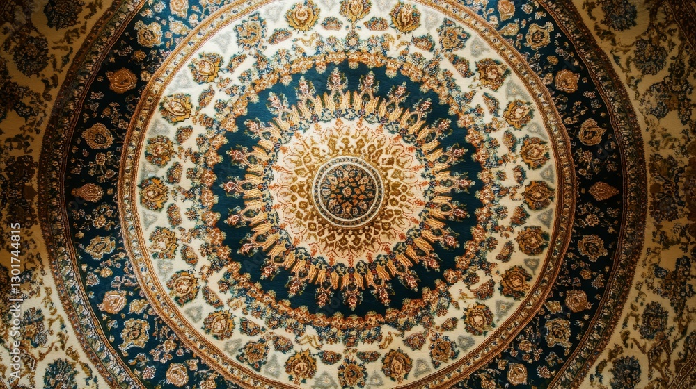 Intricate circular rug with detailed ornate patterns.