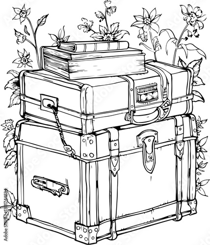 furniture, old, vintage, wood, antique, interior, box, design, home, wooden, cupboard, retro, art, room, metal, decoration, brown, classic, style, travel bag, coloring page