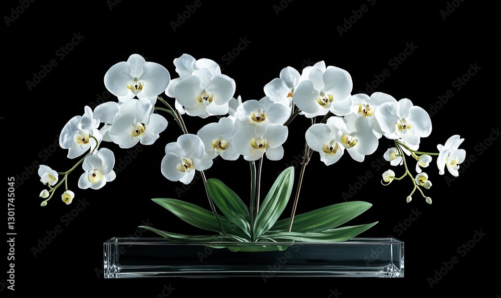 Obraz premium Elegant white orchids blooming in a minimalist glass vase, softly lit to highlight their delicate beauty and luxurious appeal