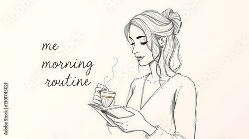 Generative AI.Hand-drawn sketch, motivational morning routine: person with refined features, making tea and writing in a planner. Rough pencil strokes, textured, white background, graceful and elegant