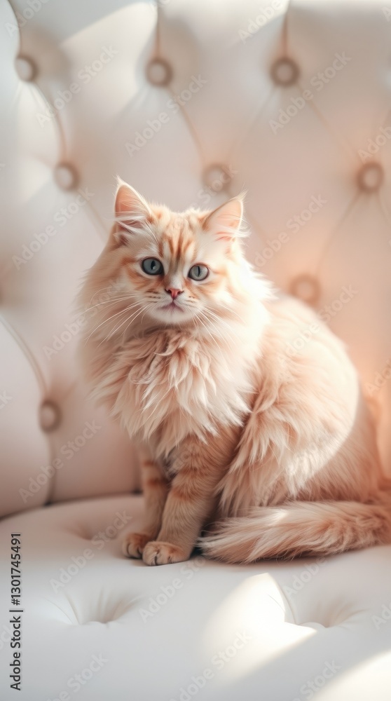 Generative AI. A fluffy pink cat sits gracefully on a white velvet chair Generative AI. A fluffy pink cat sits gracefully on a white velvet chair