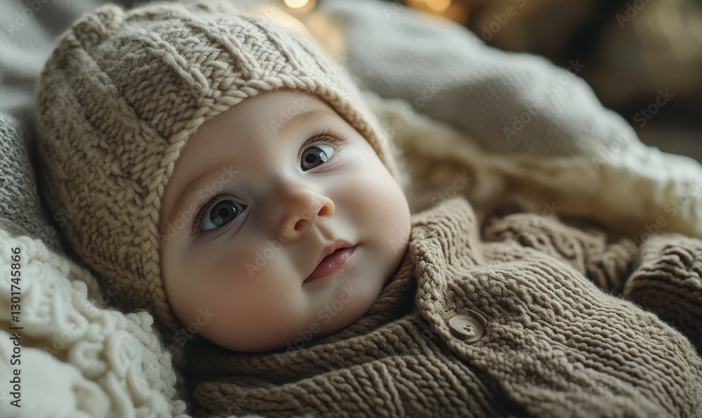Adorable baby in a knitted hat lying on a soft blanket, with gentle lighting highlighting their peaceful expression and delicate features, . Adorable baby in a knitted hat lying on a soft blanket, with gentle lighting highlighting their peaceful expression and delicate features, .