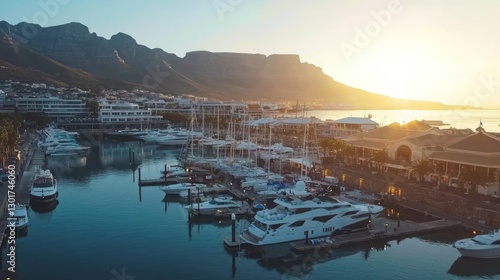 Sunset over luxury yachts in a marina, majestic mountains in the background.