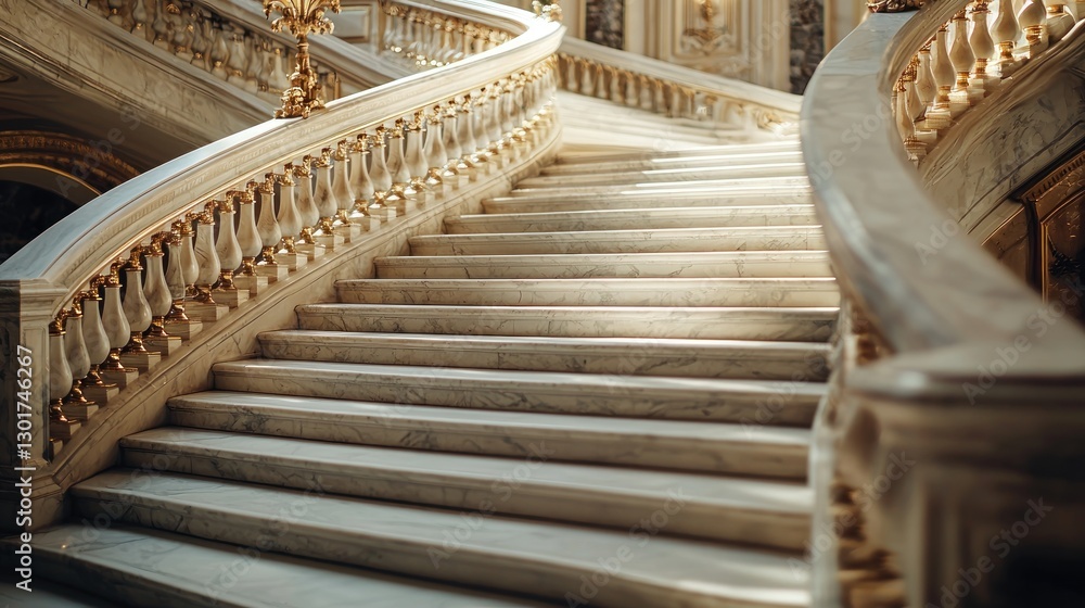 Obraz premium Elegant marble staircase curving upwards in a grand building, sunlight illuminating the steps.