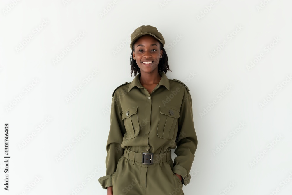 Fototapeta premium Half-Length (Waist-Up) portrait of young stylish smiling Central African female model in military wear isolated on pure white background looking at camera