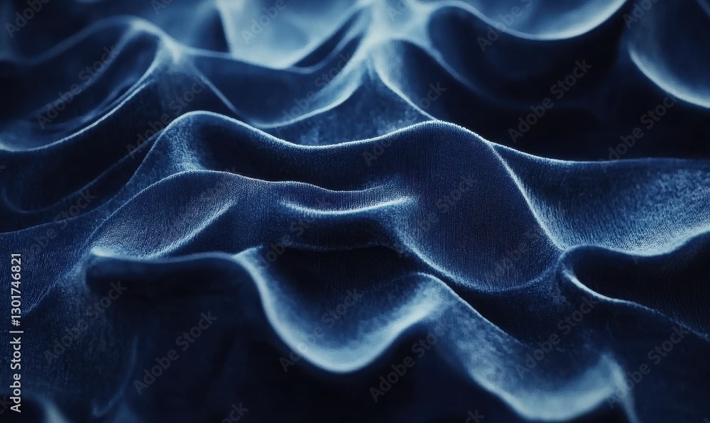 Artistic close-up of a flowing navy blue velvet fabric with soft ripples illuminated by subtle ambient light emphasizing its luxurious texture Artistic close-up of a flowing navy blue velvet fabric with soft ripples illuminated by subtle ambient light emphasizing its luxurious texture