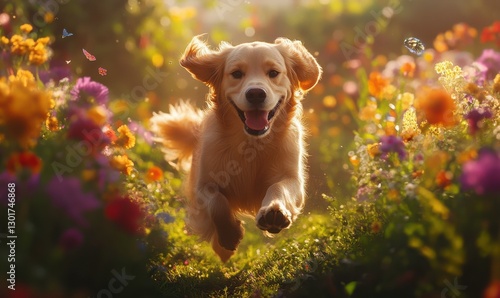 Playful golden retriever running through a garden, vibrant flowers and soft sunlight enhancing the joyful and energetic scen photo