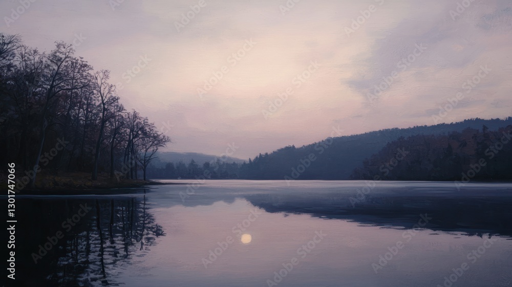 Serene lake reflecting sunset, misty, calm. Serene lake reflecting sunset, misty, calm.