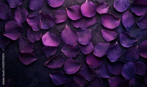 Artistic flat lay of vibrant purple flower petals arranged on a textured surface illuminated by soft natural light creating a bold and striking composition