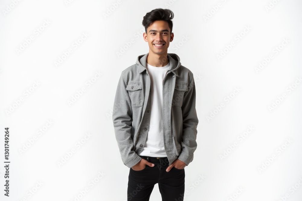 Half-Length (Waist-Up) portrait of young stylish smiling Chilean male model in emo wear isolated on pure white background looking at camera Half-Length (Waist-Up) portrait of young stylish smiling Chilean male model in emo wear isolated on pure white background looking at camera
