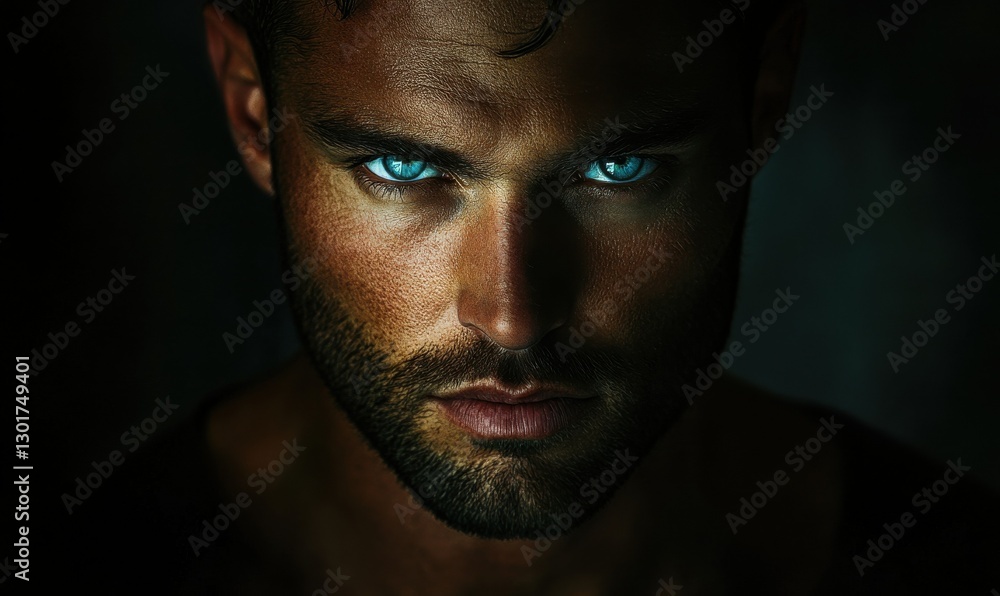 Intense portrait of a man with piercing blue eyes and a chiseled jawline, illuminated by soft directional light to highlight his striking features Intense portrait of a man with piercing blue eyes and a chiseled jawline, illuminated by soft directional light to highlight his striking features