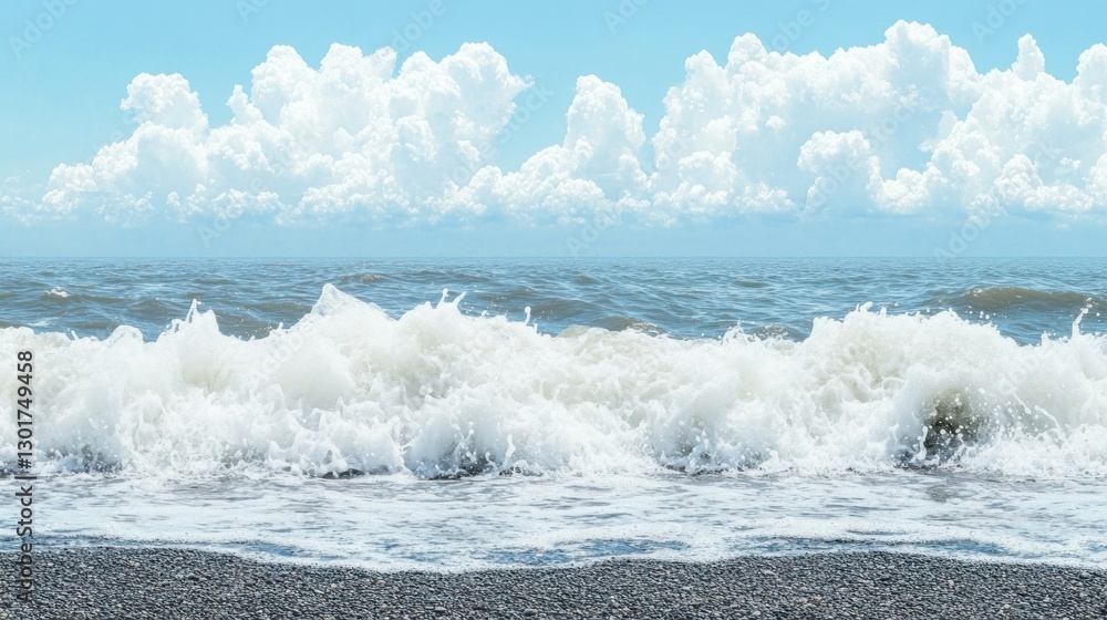 Fototapeta premium Ocean waves crashing on pebble beach, sunny sky