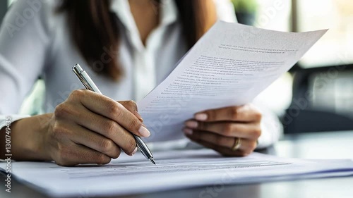 Businesswoman attentively reviewing and signing formal paperwork in office environment
