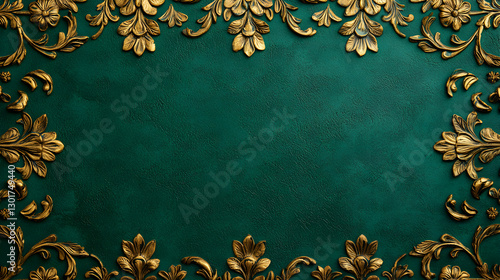 A rich green background adorned with ornate golden floral motifs, creating an elegant and luxurious frame.