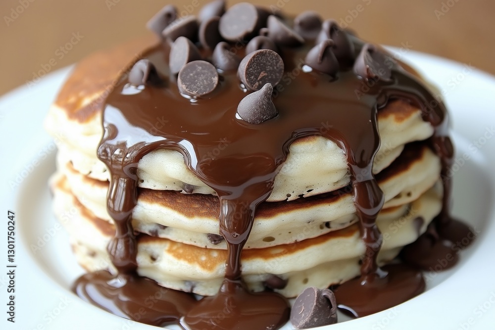A stack of fluffy pancakes topped with melted chocolate and chocolate chips. A stack of fluffy pancakes topped with melted chocolate and chocolate chips.