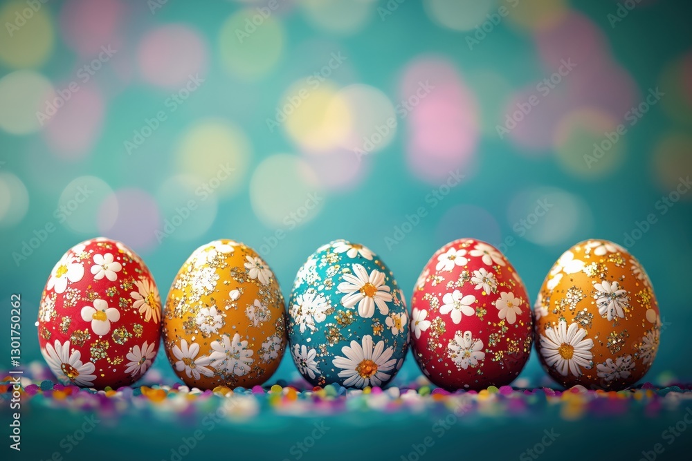 Five beautifully decorated Easter eggs with floral patterns on a vibrant background. Five beautifully decorated Easter eggs with floral patterns on a vibrant background.