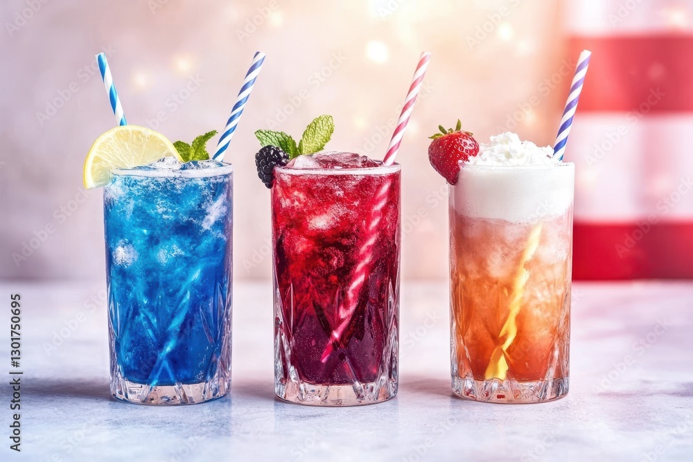 Colorful refreshing summer drinks with lemon lime and berry garnish Colorful refreshing summer drinks with lemon lime and berry garnish