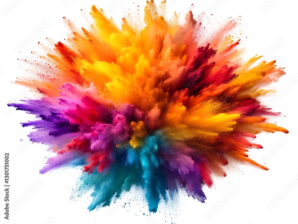 A vibrant explosion of colorful powder particles on white background A vibrant explosion of colorful powder particles on white background