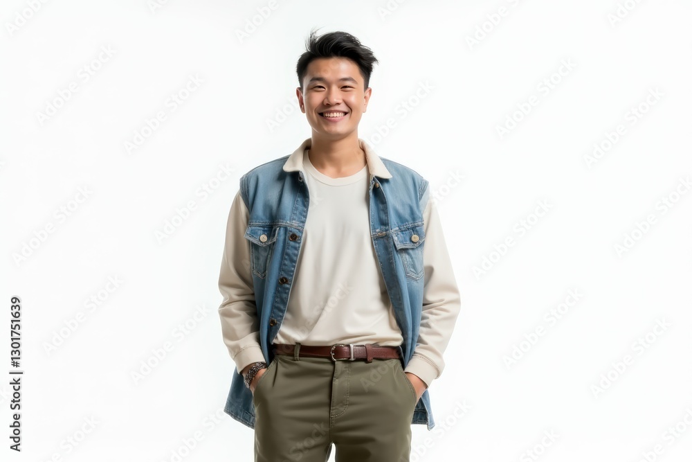 Half-Length (Waist-Up) portrait of young stylish smiling Chinese male model in country wear isolated on pure white background looking at camera Half-Length (Waist-Up) portrait of young stylish smiling Chinese male model in country wear isolated on pure white background looking at camera