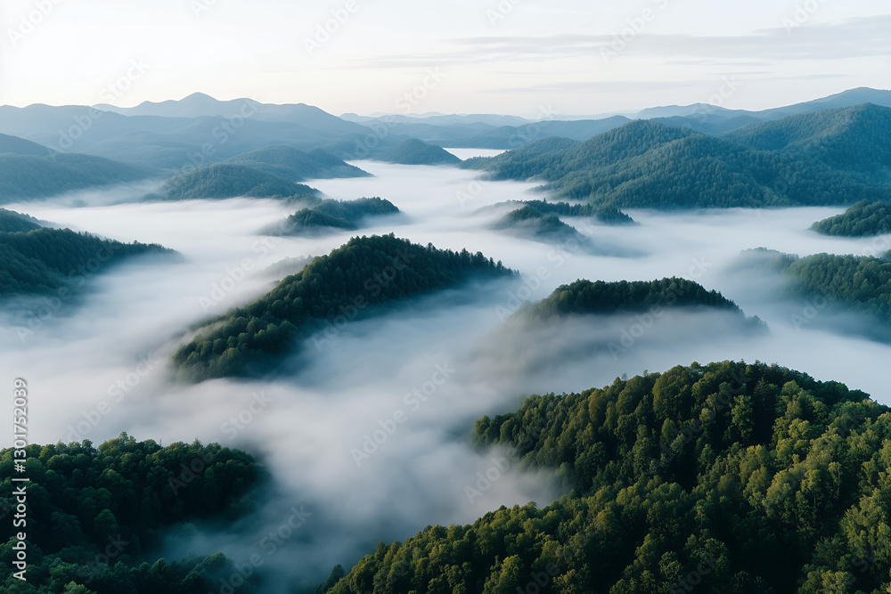 Obraz premium A high-resolution aerial view of rolling hills covered in early morning fog