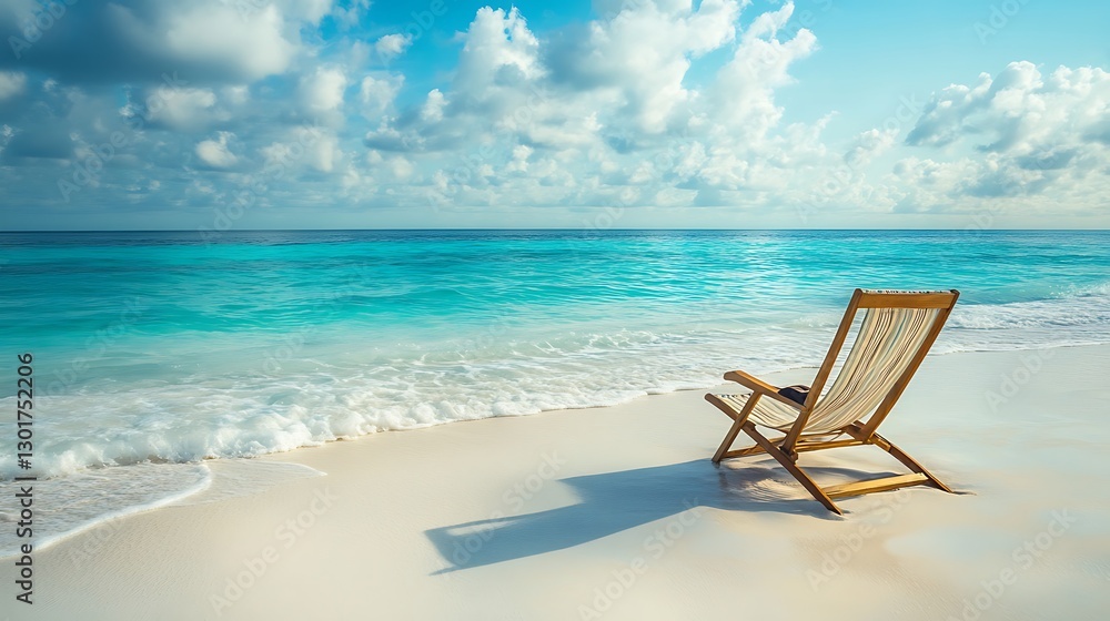 Relaxing Beach Chair on Tranquil Shore with Clear Ocean Water Relaxing Beach Chair on Tranquil Shore with Clear Ocean Water