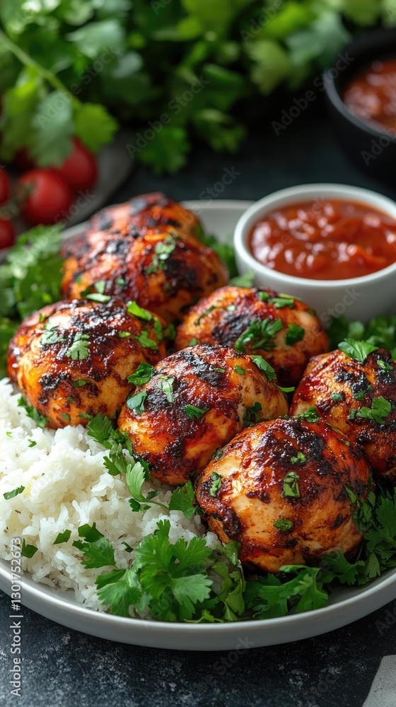 Deliciously plated spicy grilled balls served with rice and sauce, garnished with herbs and tomatoes Deliciously plated spicy grilled balls served with rice and sauce, garnished with herbs and tomatoes