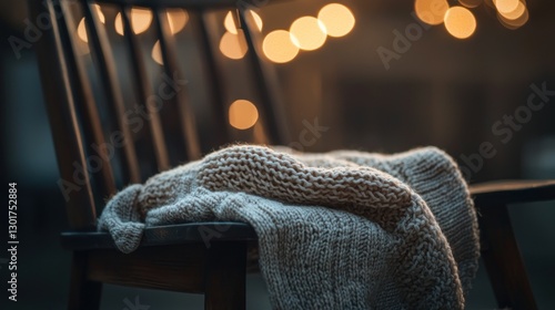 Wallpaper Mural Cozy knitted blanket draped on a wooden chair outdoors at night with bokeh lights. Torontodigital.ca