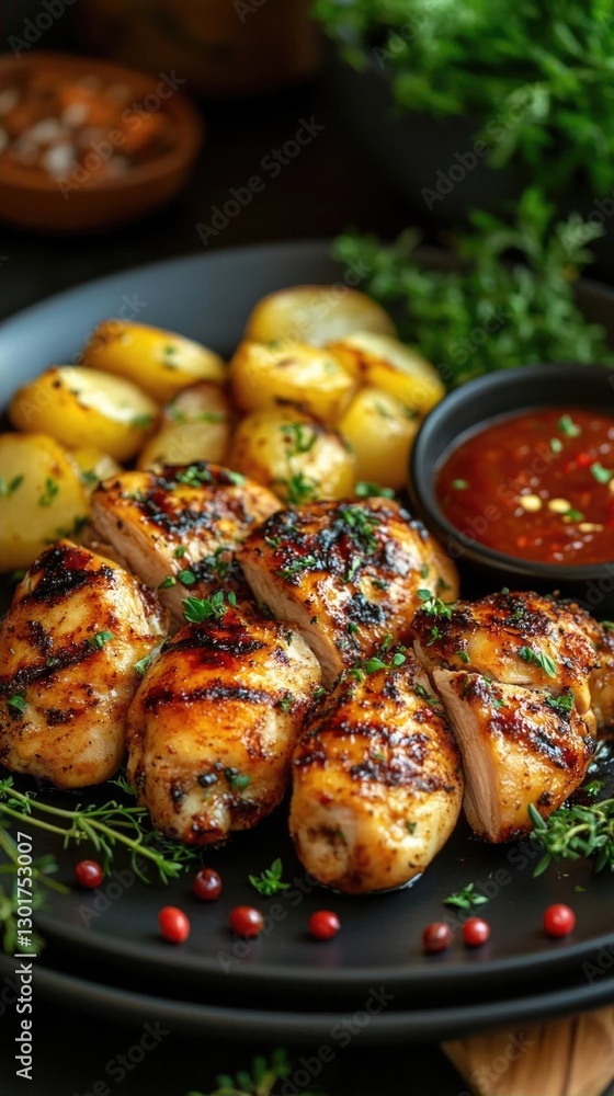 Grilled chicken served with roasted potatoes and a tangy sauce on a rustic table setting