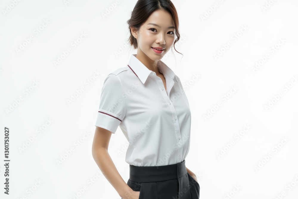 Half-Length (Waist-Up) portrait of young stylish smiling Chinese female model in uniform wear isolated on pure white background looking at camera Half-Length (Waist-Up) portrait of young stylish smiling Chinese female model in uniform wear isolated on pure white background looking at camera